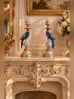 Elegant Blue & White Resin Parrot Candle Holders (Pair)